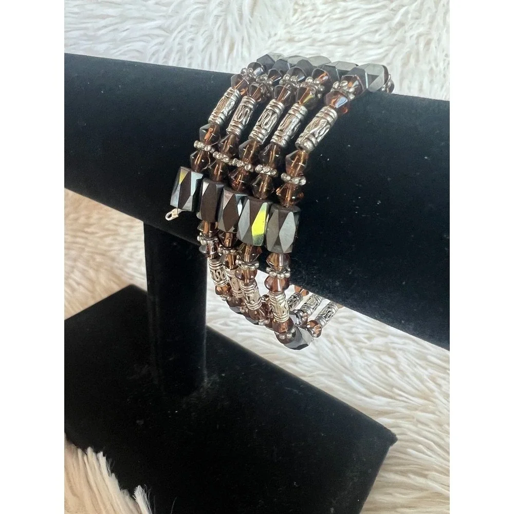 Magnetic Wrap Bracelet Brown Glass Beaded Multi Strand‎ Bronze Black Earthy